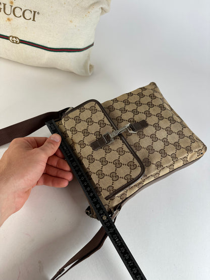 Vintage Gucci GG Monogram Canvas Leather Crossbody Messenger Bag Beige Brown