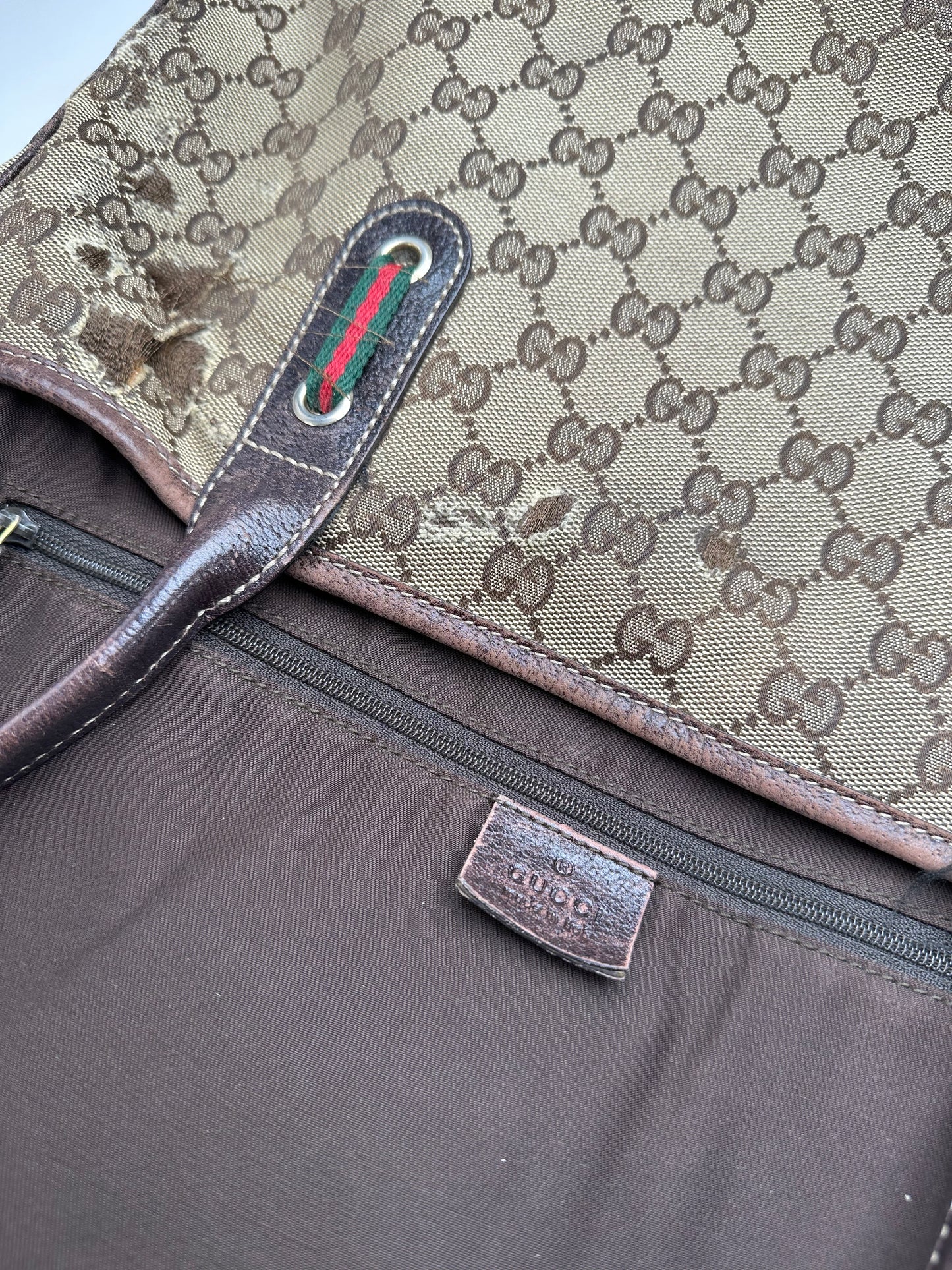 Vintage Gucci Monogram Canvas Leather Handbag Beige Brown