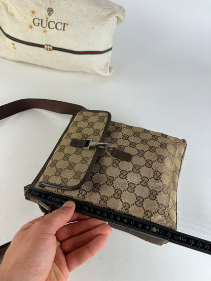 Vintage Gucci GG Monogram Canvas Leather Crossbody Messenger Bag Beige Brown