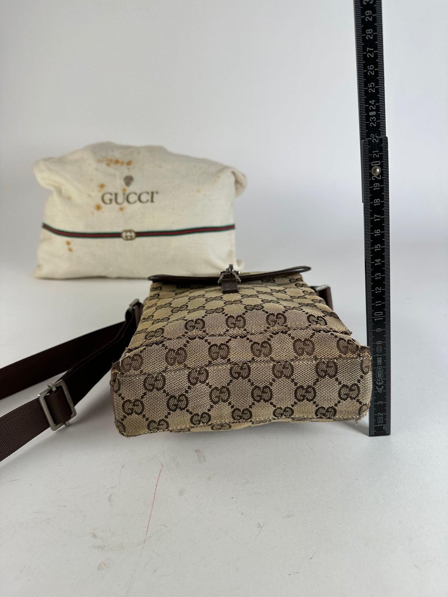 Vintage Gucci GG Monogram Canvas Leather Crossbody Messenger Bag Beige Brown