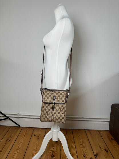 Vintage Gucci GG Monogram Canvas Leather Crossbody Messenger Bag Beige Brown