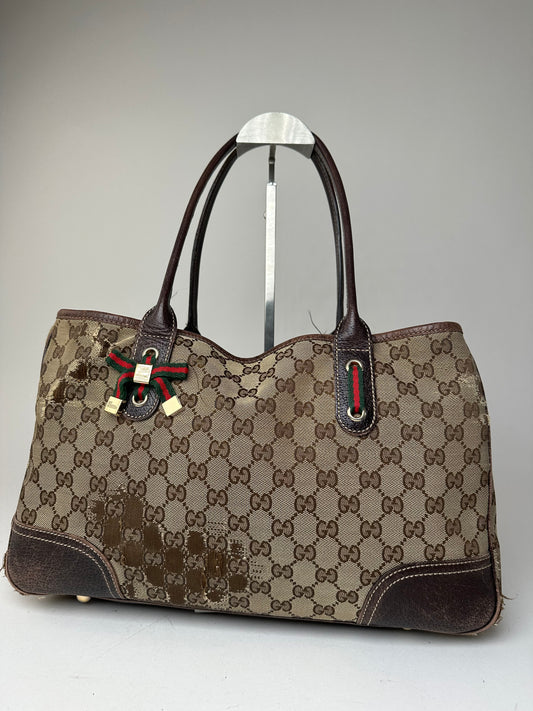 Vintage Gucci Monogram Canvas Leather Handbag Beige Brown