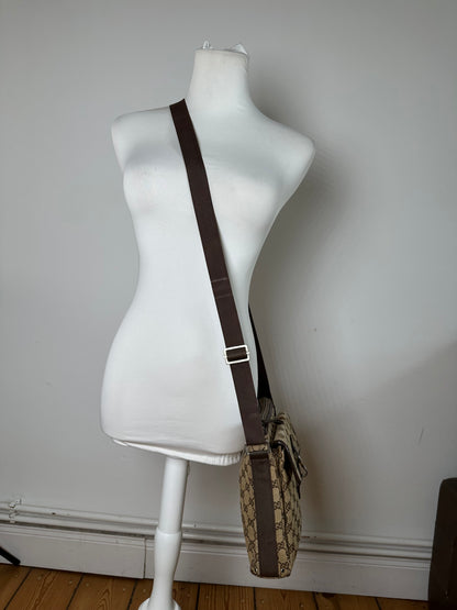 Vintage Gucci GG Monogram Canvas Leather Crossbody Messenger Bag Beige Brown