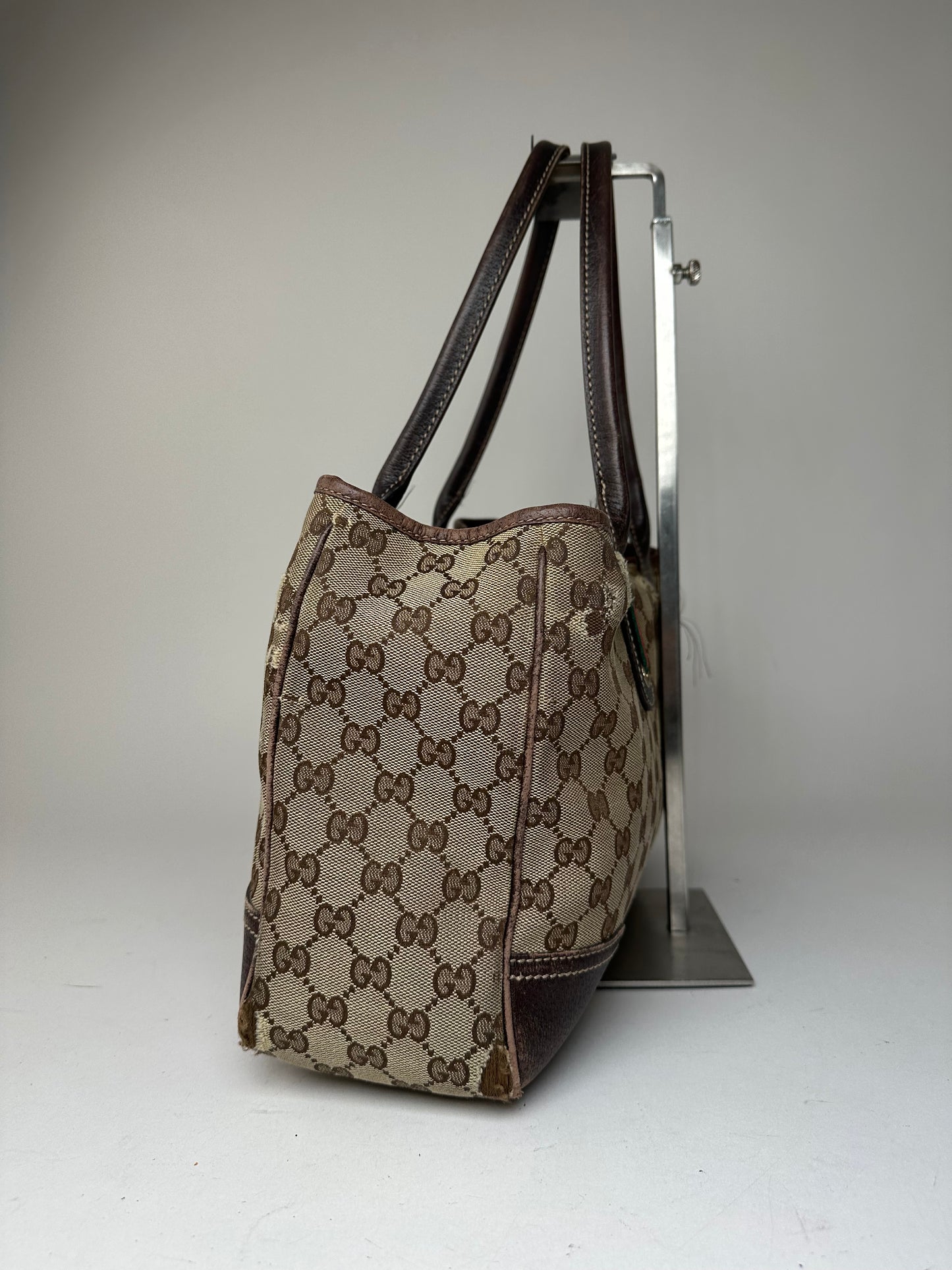 Vintage Gucci Monogram Canvas Leather Handbag Beige Brown