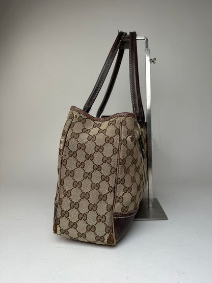 Vintage Gucci Monogram Canvas Leather Handbag Beige Brown