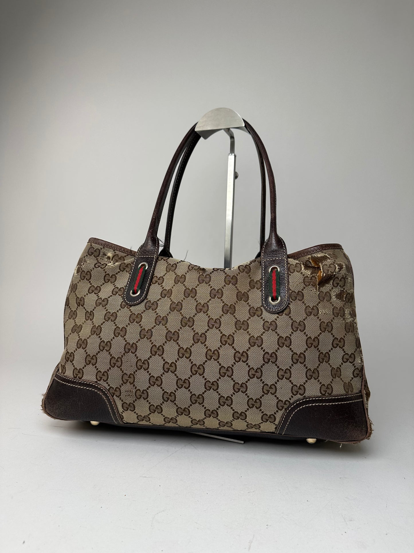 Vintage Gucci Monogram Canvas Leather Handbag Beige Brown