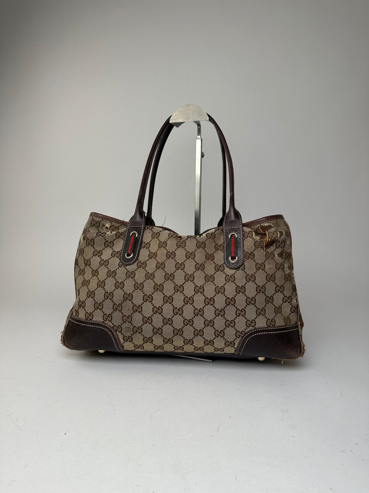 Vintage Gucci Monogram Canvas Leather Handbag Beige Brown