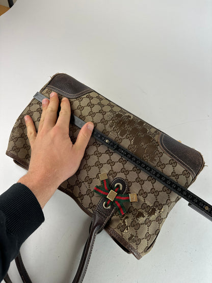 Vintage Gucci Monogram Canvas Leather Handbag Beige Brown
