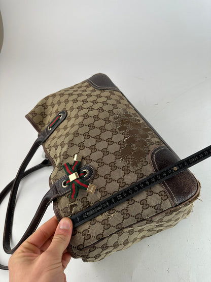Vintage Gucci Monogram Canvas Leather Handbag Beige Brown