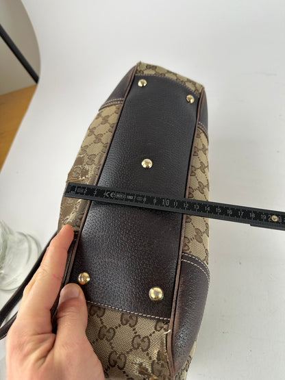 Vintage Gucci Monogram Canvas Leather Handbag Beige Brown