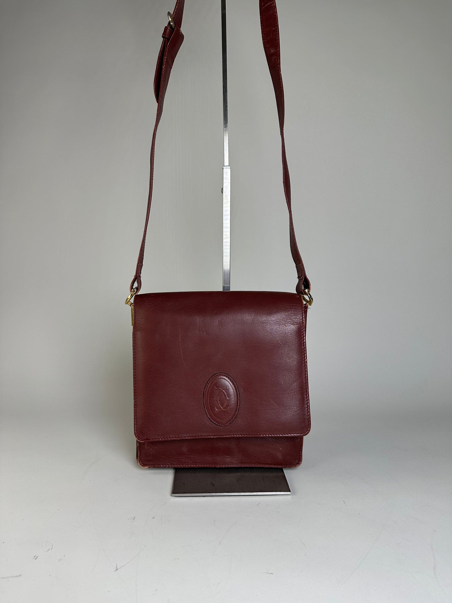 Vintage Cartier Leather Shoulder Bag Burgundy Gold