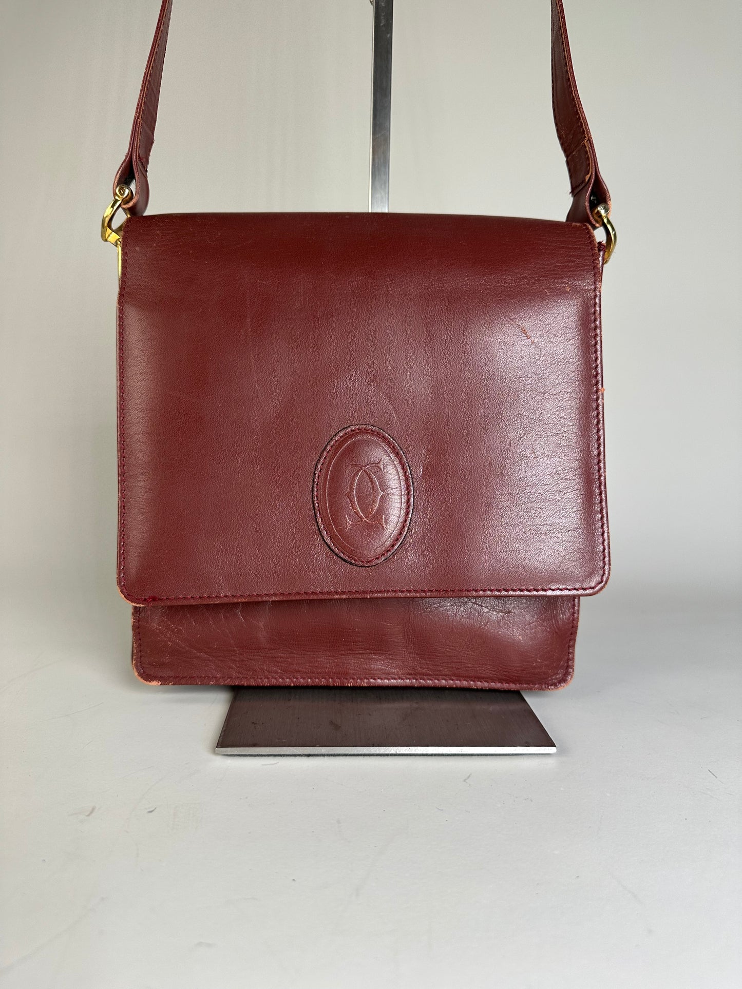 Vintage Cartier Leather Shoulder Bag Burgundy Gold