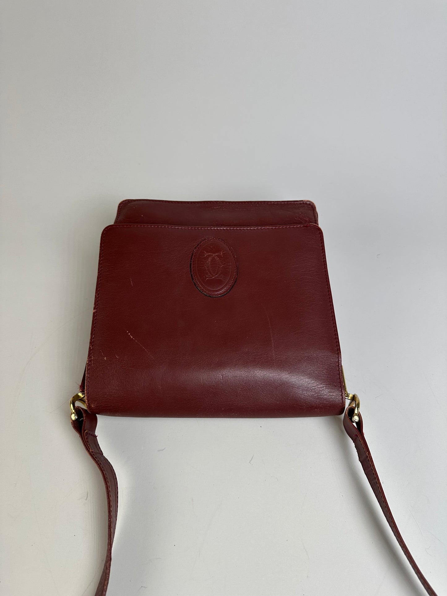 Vintage Cartier Leather Shoulder Bag Burgundy Gold