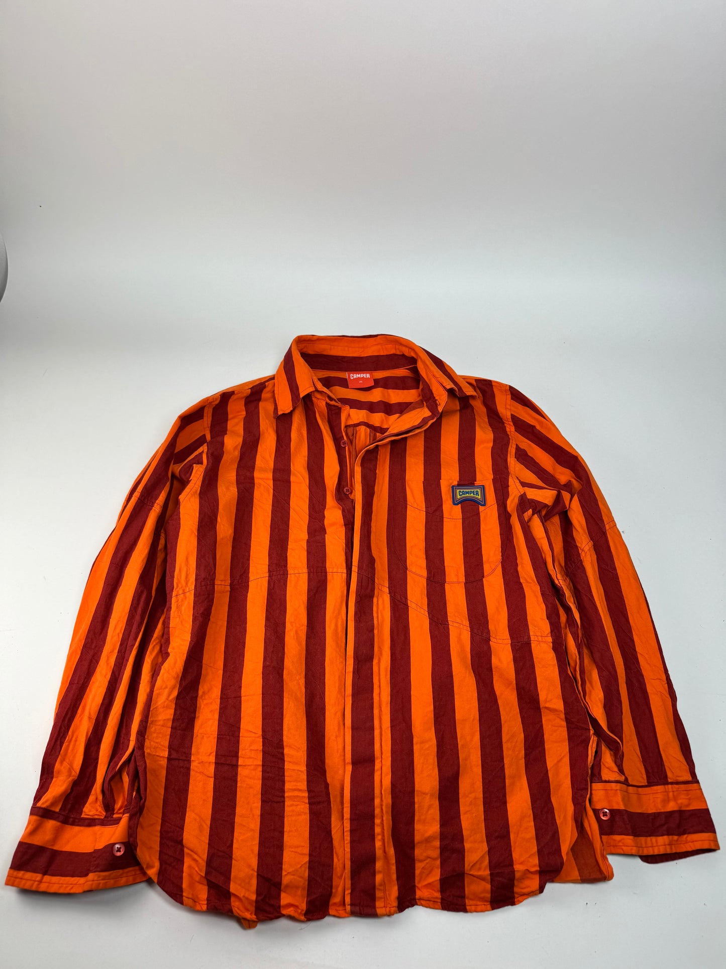 Vintage Camper Striped Cotton Shirt Orange Burgundy XL