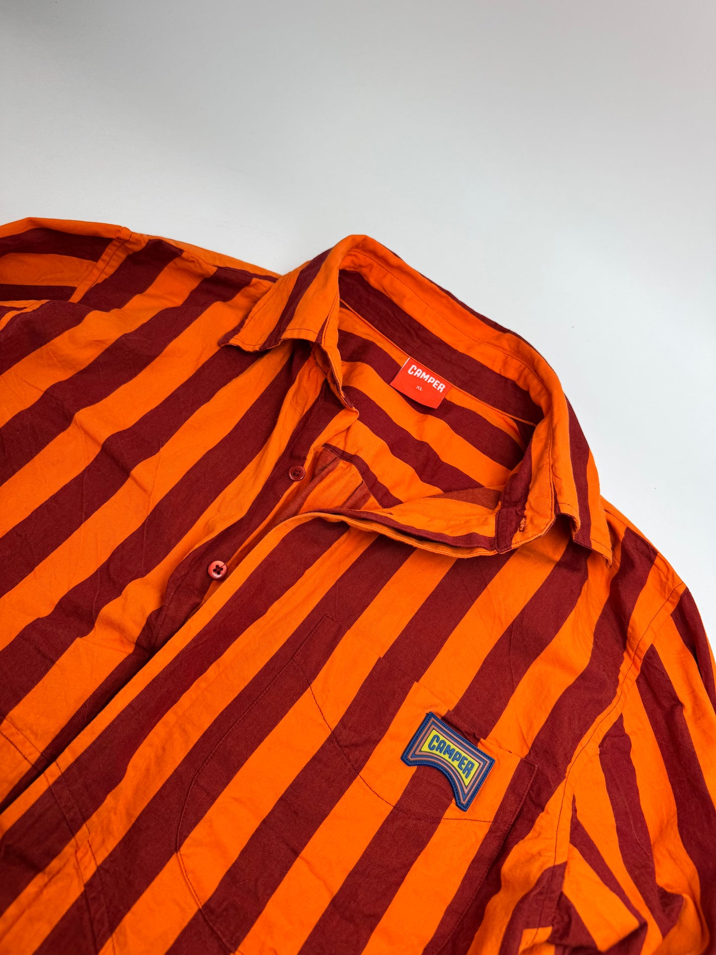 Vintage Camper Striped Cotton Shirt Orange Burgundy XL
