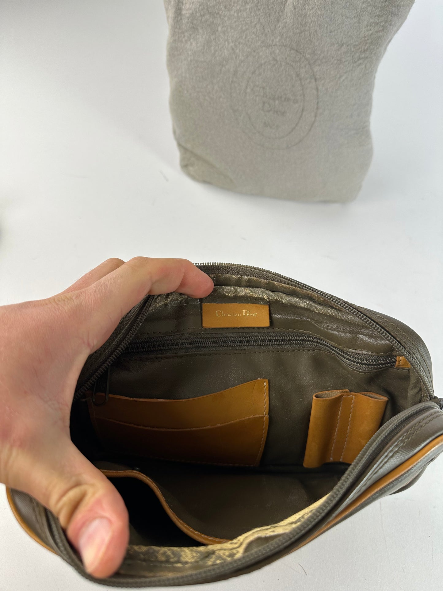 Vintage Dior Canvas Leather Pouch Clutch Khaki Tan