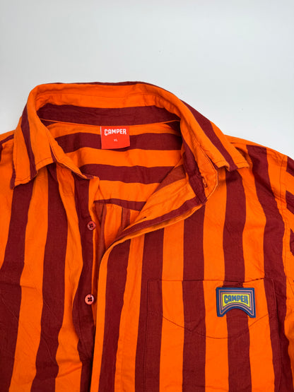 Vintage Camper Striped Cotton Shirt Orange Burgundy XL