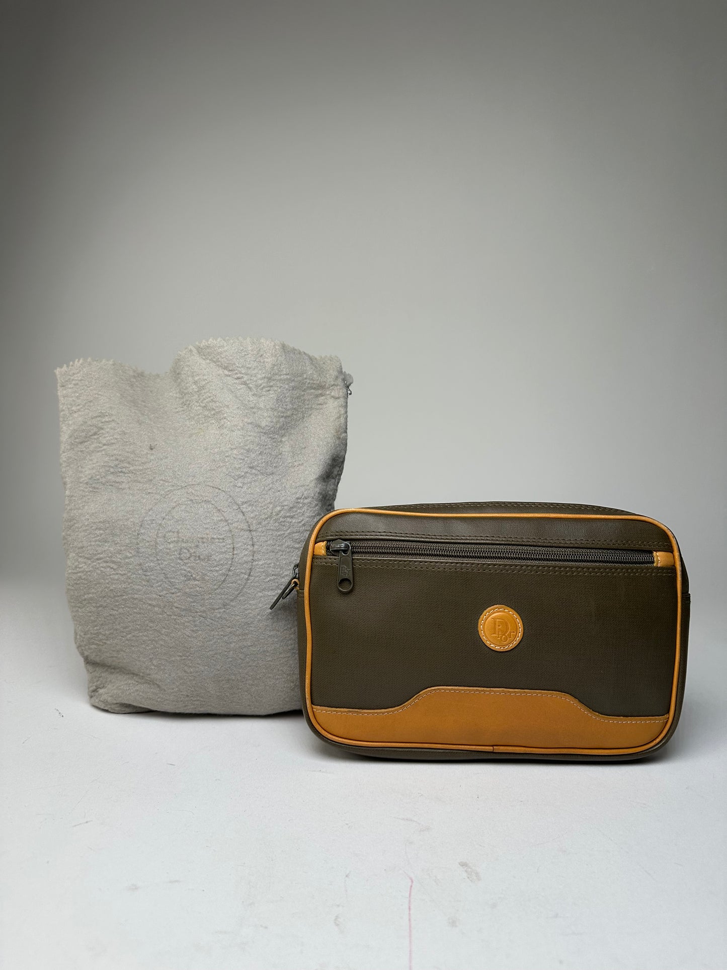 Vintage Dior Canvas Leather Pouch Clutch Khaki Tan