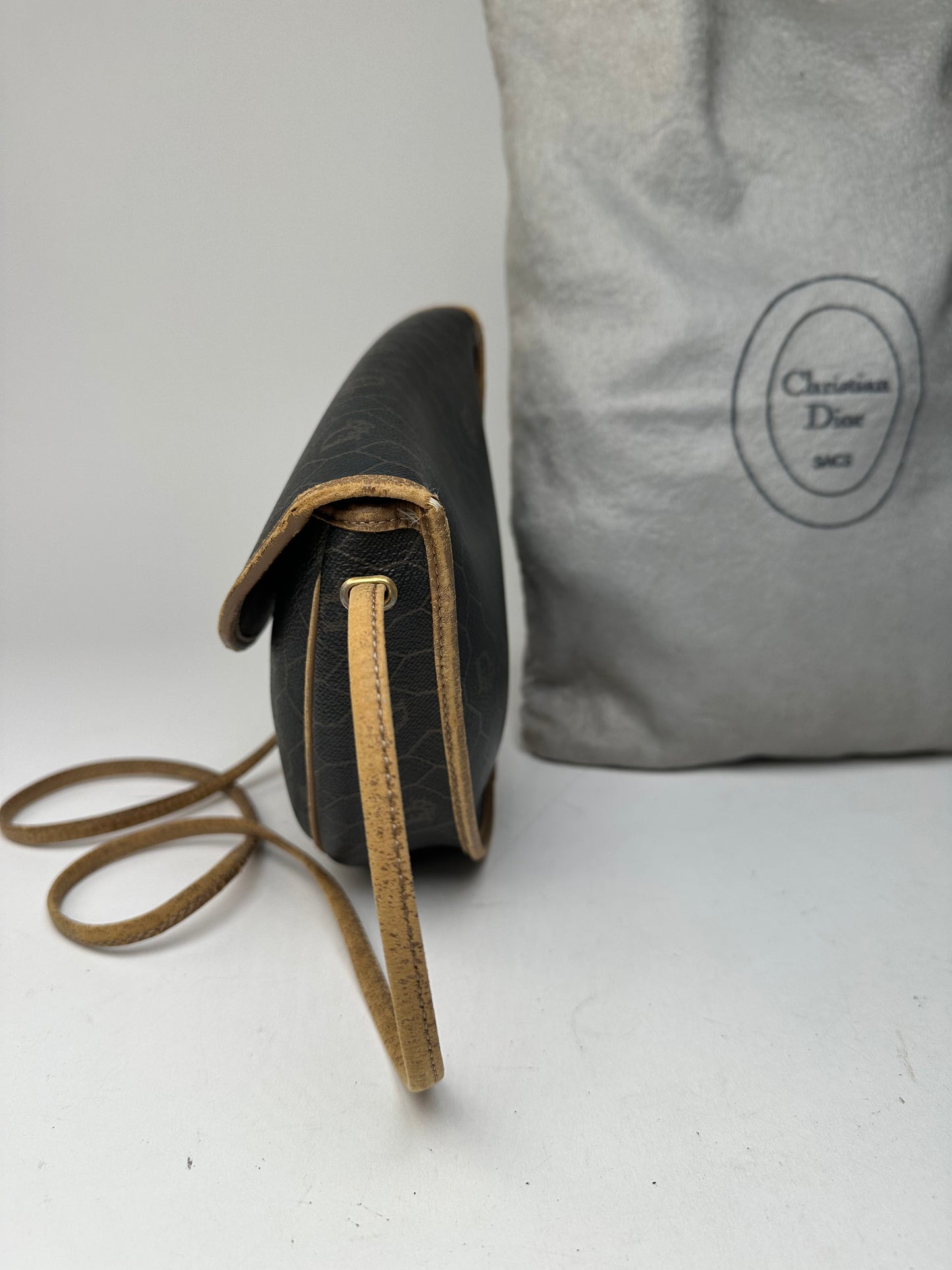 Vintage Dior Monogram Leather Shoulder Bag Black Brown