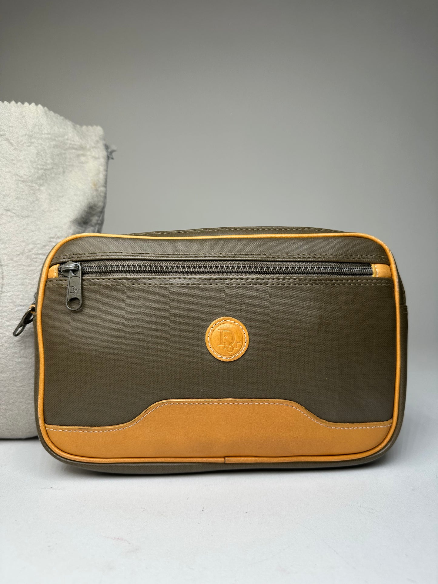 Vintage Dior Canvas Leather Pouch Clutch Khaki Tan