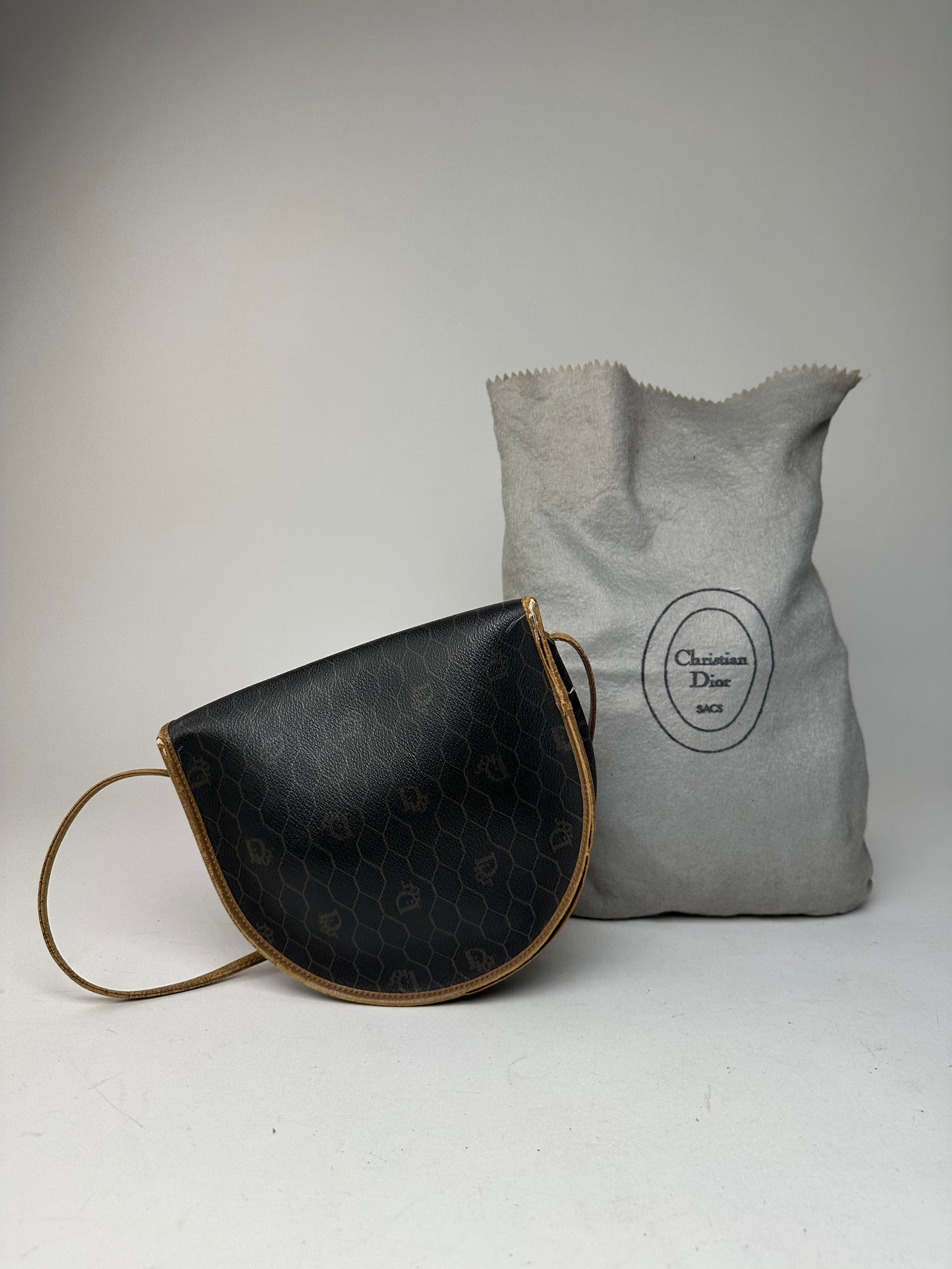 Vintage Dior Monogram Leather Shoulder Bag Black Brown