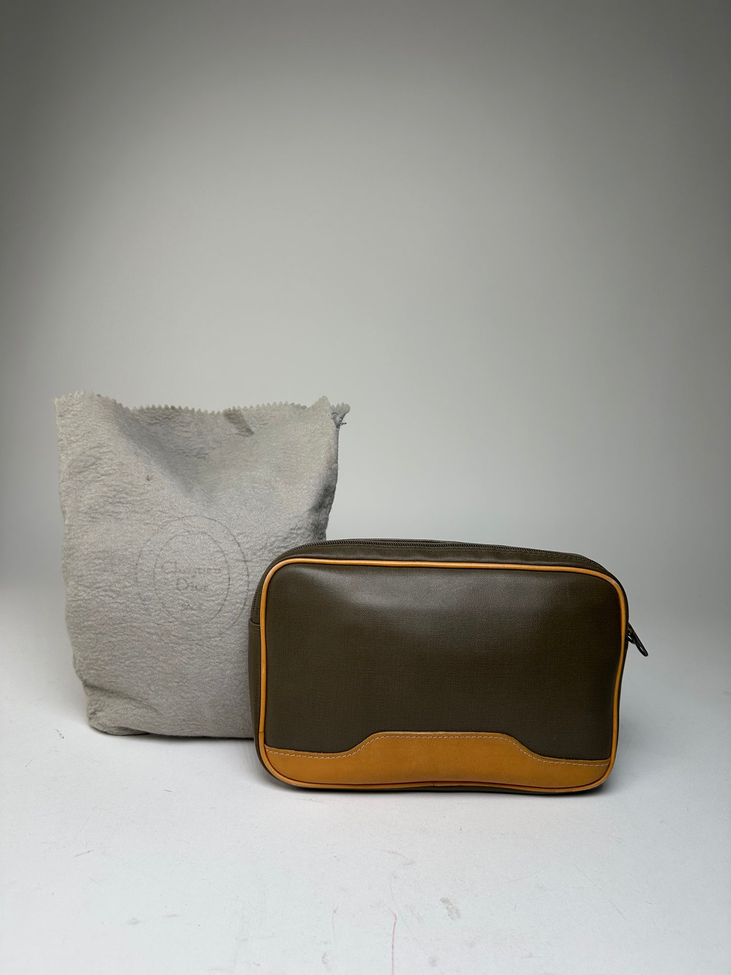 Vintage Dior Canvas Leather Pouch Clutch Khaki Tan