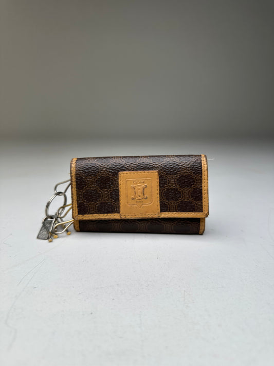 Vintage Celine Textured Leather Key Holder Brown Beige Gold