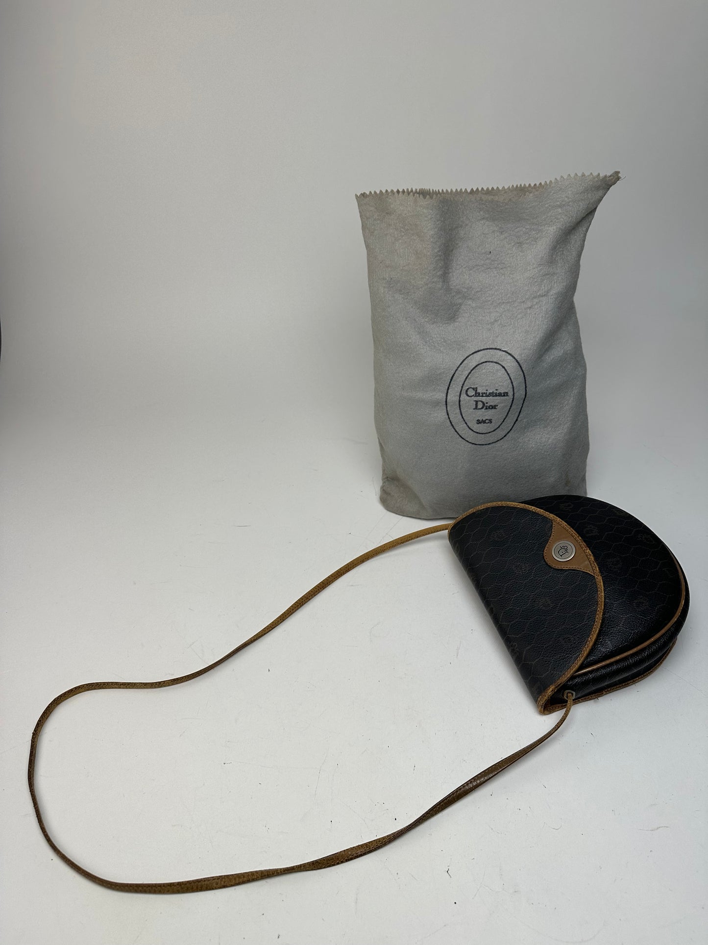 Vintage Dior Monogram Leather Shoulder Bag Black Brown