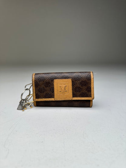 Vintage Celine Embossed Leather Key Case Brown Tan Gold