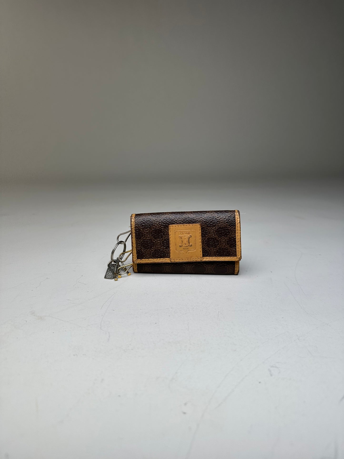 Vintage Celine Embossed Leather Key Case Brown Tan Gold