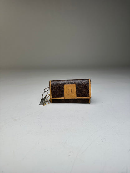 Vintage Celine Embossed Leather Key Case Brown Tan Gold
