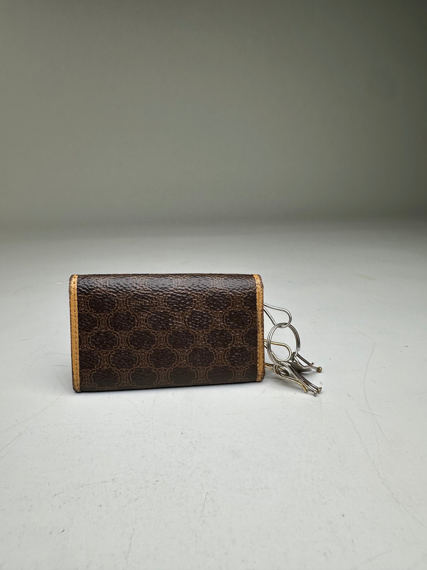 Vintage Celine Embossed Leather Key Case Brown Tan Gold