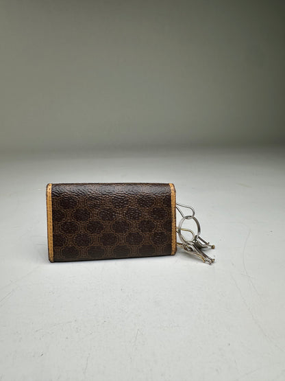 Vintage Celine Embossed Leather Key Case Brown Tan Gold