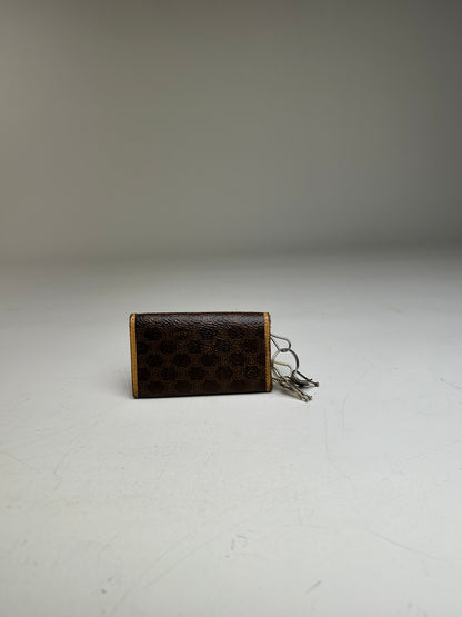Vintage Celine Embossed Leather Key Case Brown Tan Gold