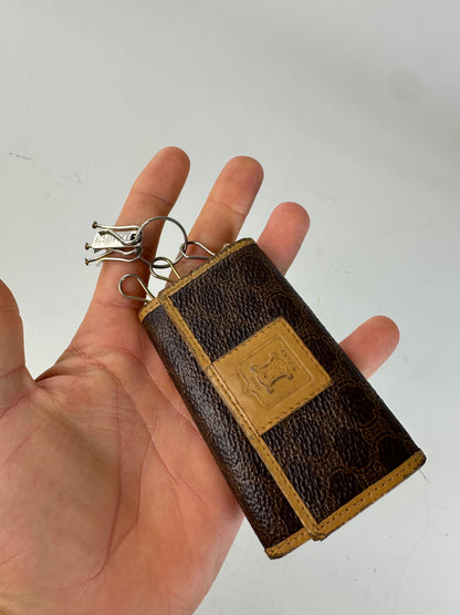 Vintage Celine Embossed Leather Key Case Brown Tan Gold