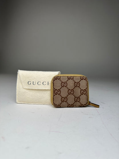 Vintage Gucci GG Monogram Canvas Leather Zip Purse Beige Brown