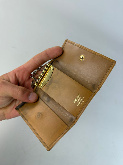 Vintage Celine Embossed Leather Key Case Brown Tan Gold