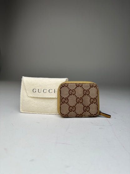 Vintage Gucci GG Monogram Canvas Leather Zip Purse Beige Brown