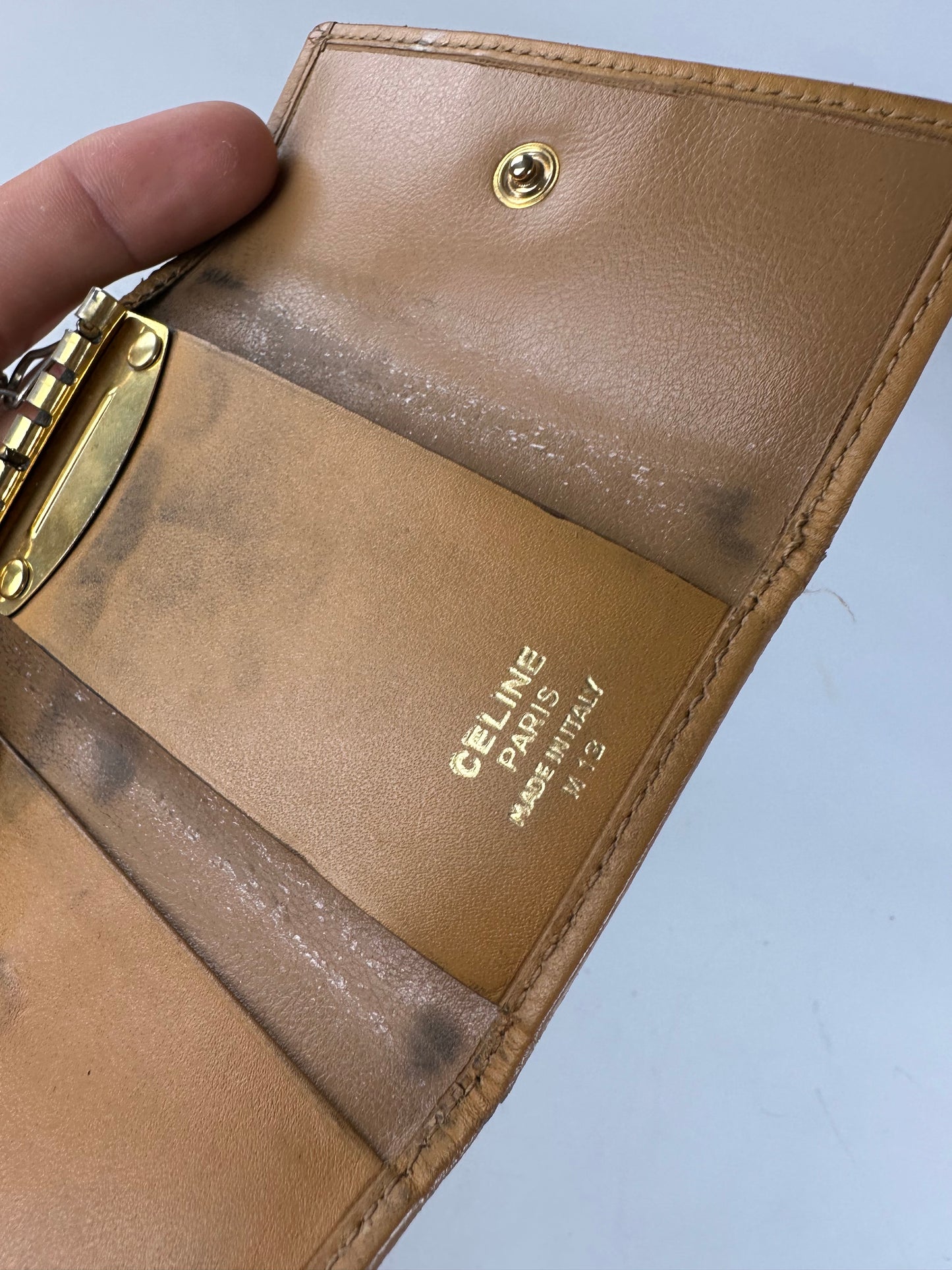 Vintage Celine Embossed Leather Key Case Brown Tan Gold