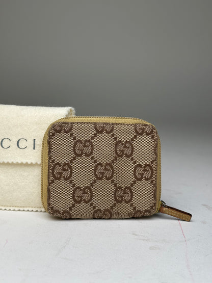 Vintage Gucci GG Monogram Canvas Leather Zip Purse Beige Brown