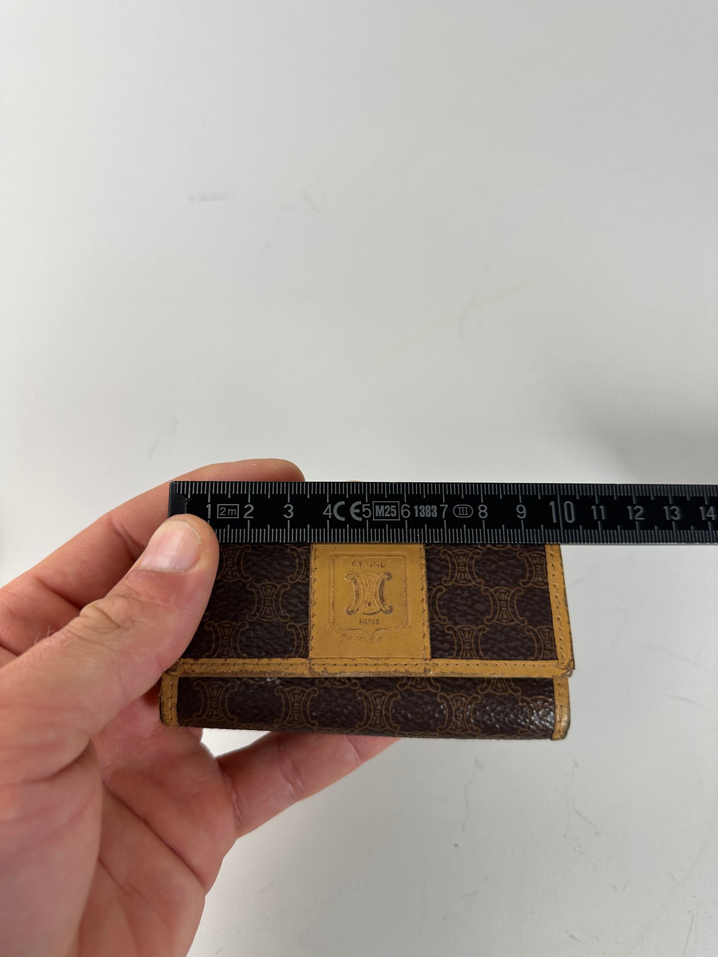 Vintage Celine Embossed Leather Key Case Brown Tan Gold