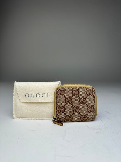 Vintage Gucci GG Monogram Canvas Leather Zip Purse Beige Brown