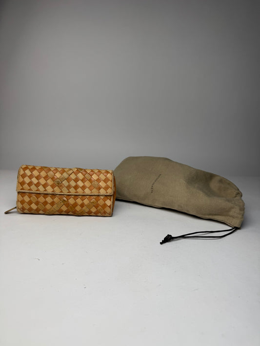 Vintage Bottega Veneta Intrecciato Leather Checked Wallet Beige Brown