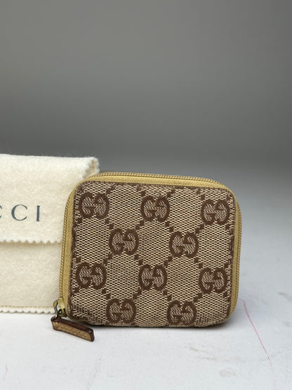 Vintage Gucci GG Monogram Canvas Leather Zip Purse Beige Brown