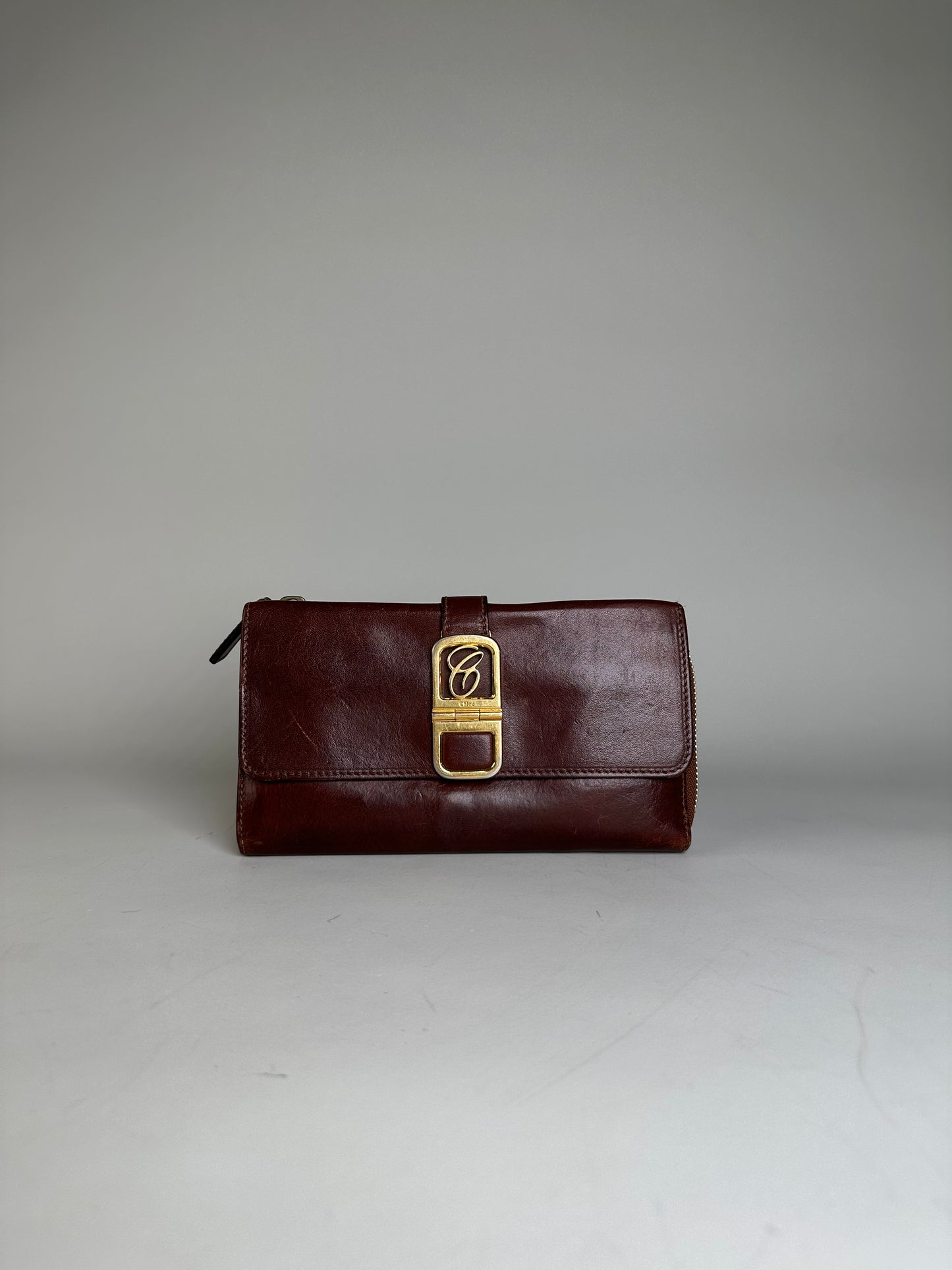 Vintage Chloe Leather Wallet Dark Brown Gold