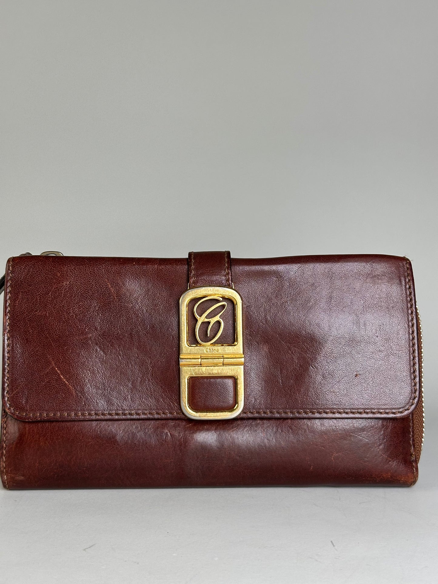 Vintage Chloe Leather Wallet Dark Brown Gold