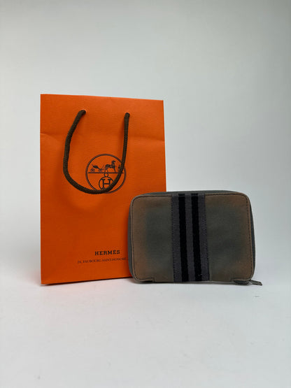 Vintage Hermès Canvas Zip Wallet Tan Grey Black Silver