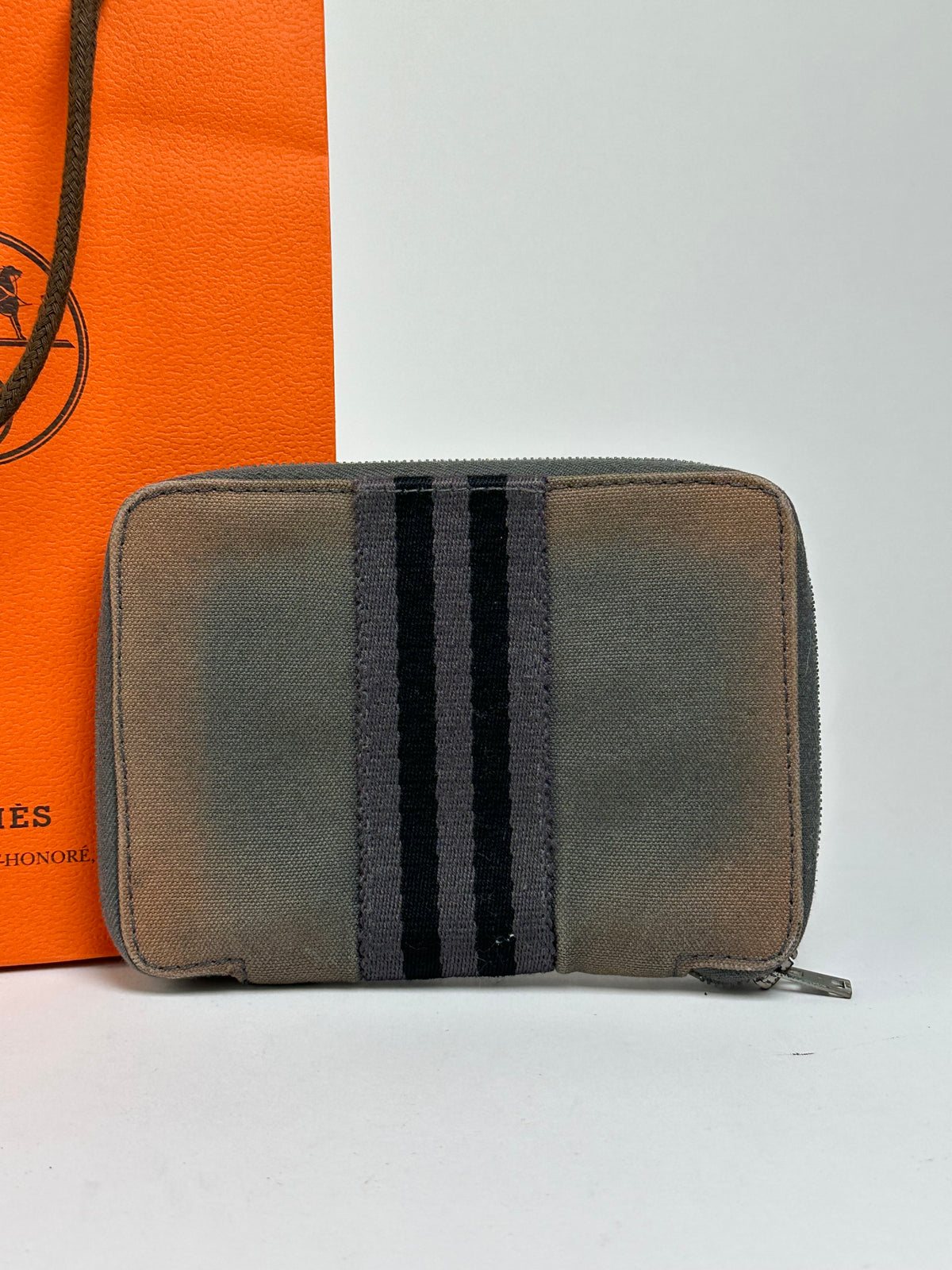 Vintage Hermès Canvas Zip Wallet Tan Grey Black Silver