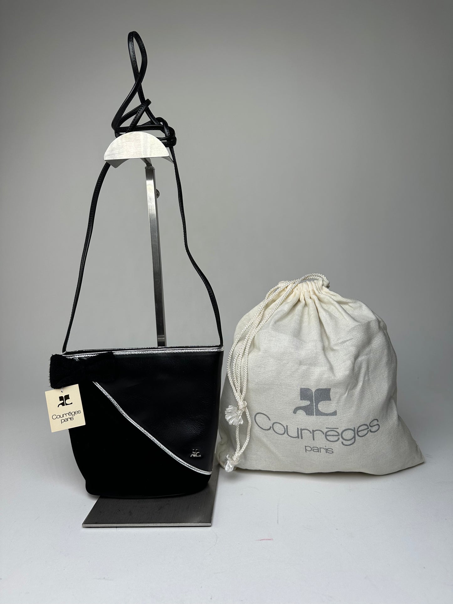 Vintage Courrèges Leather Velvet Crossbody Bag Black Silver New with Tag