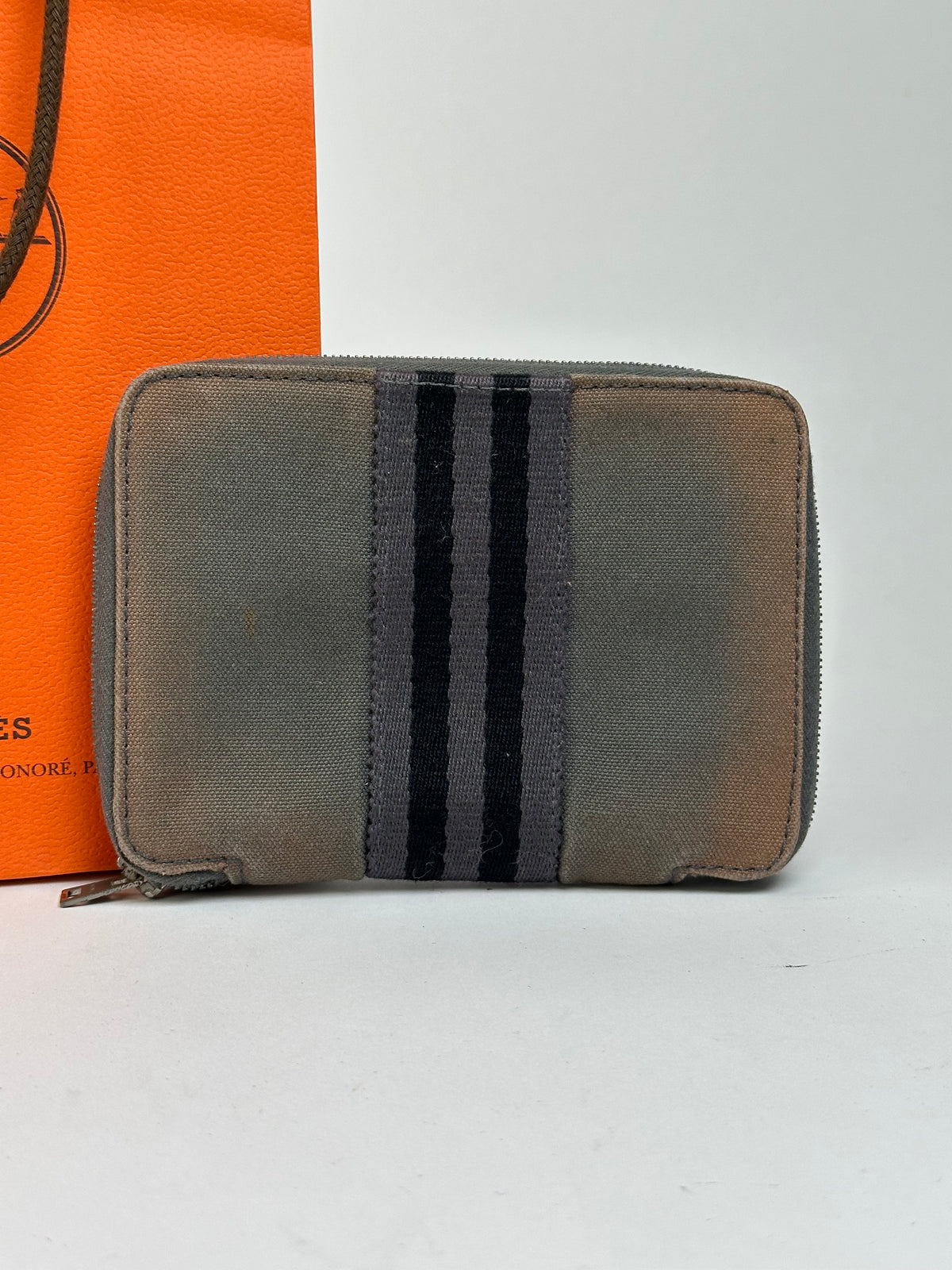 Vintage Hermès Canvas Zip Wallet Tan Grey Black Silver